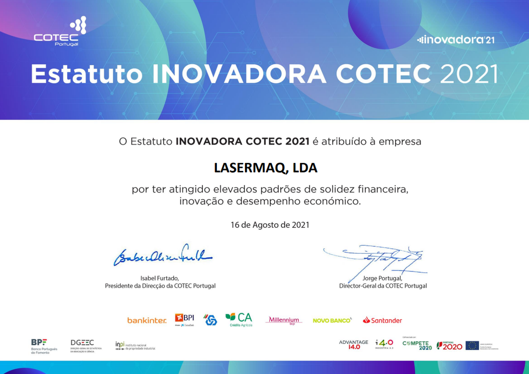 Imagem da notícia: Lasermaq distinguida como Empresa Inovadora COTEC 2021